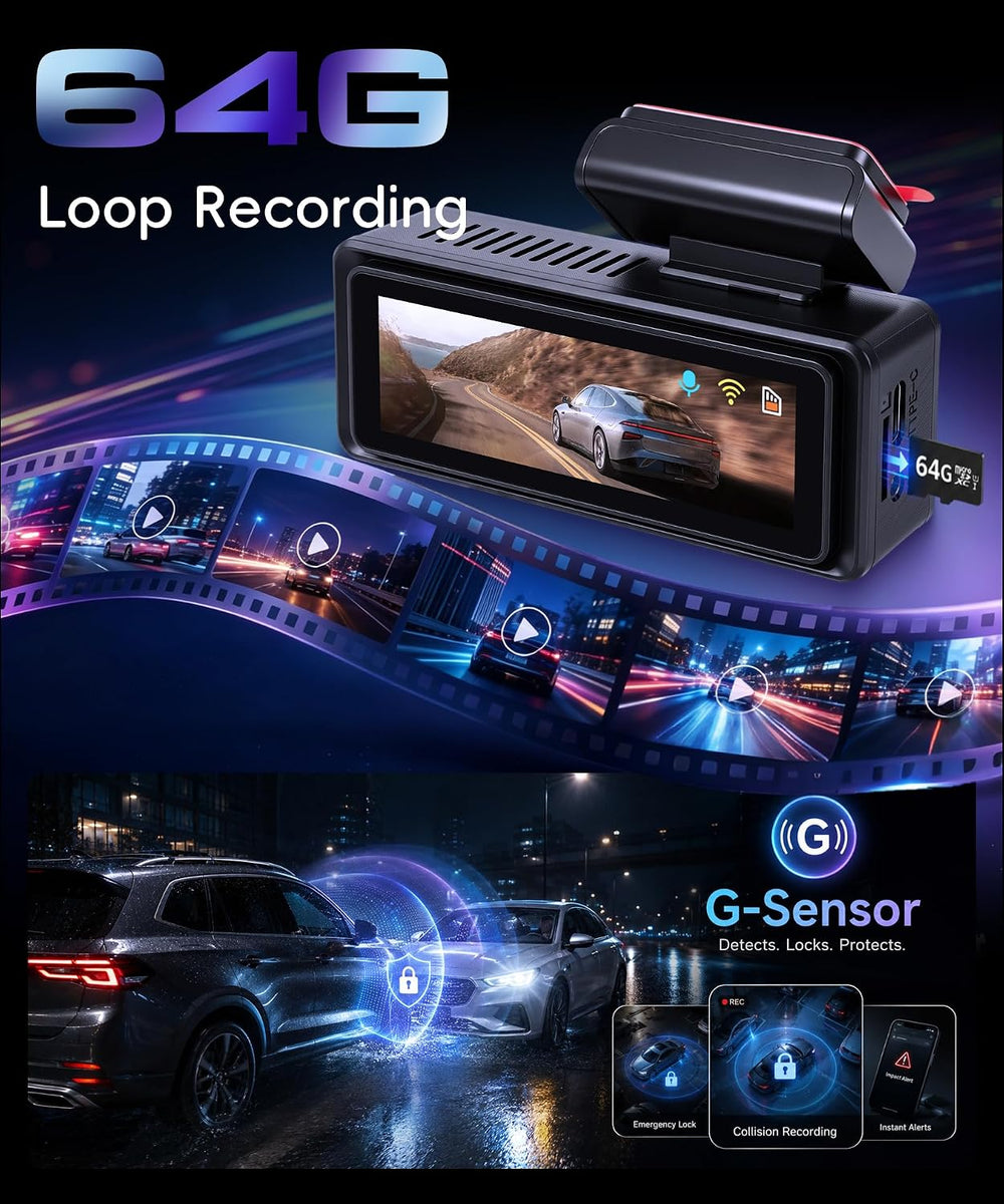 4K Dash Cam Dual Channel Front and Rear, Night Vision, 5GHz WiFi, 64GB Card