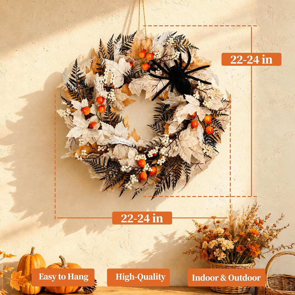 Grooy 24 Inch Halloween Wreath for Front Door with Spider Maple Leaf