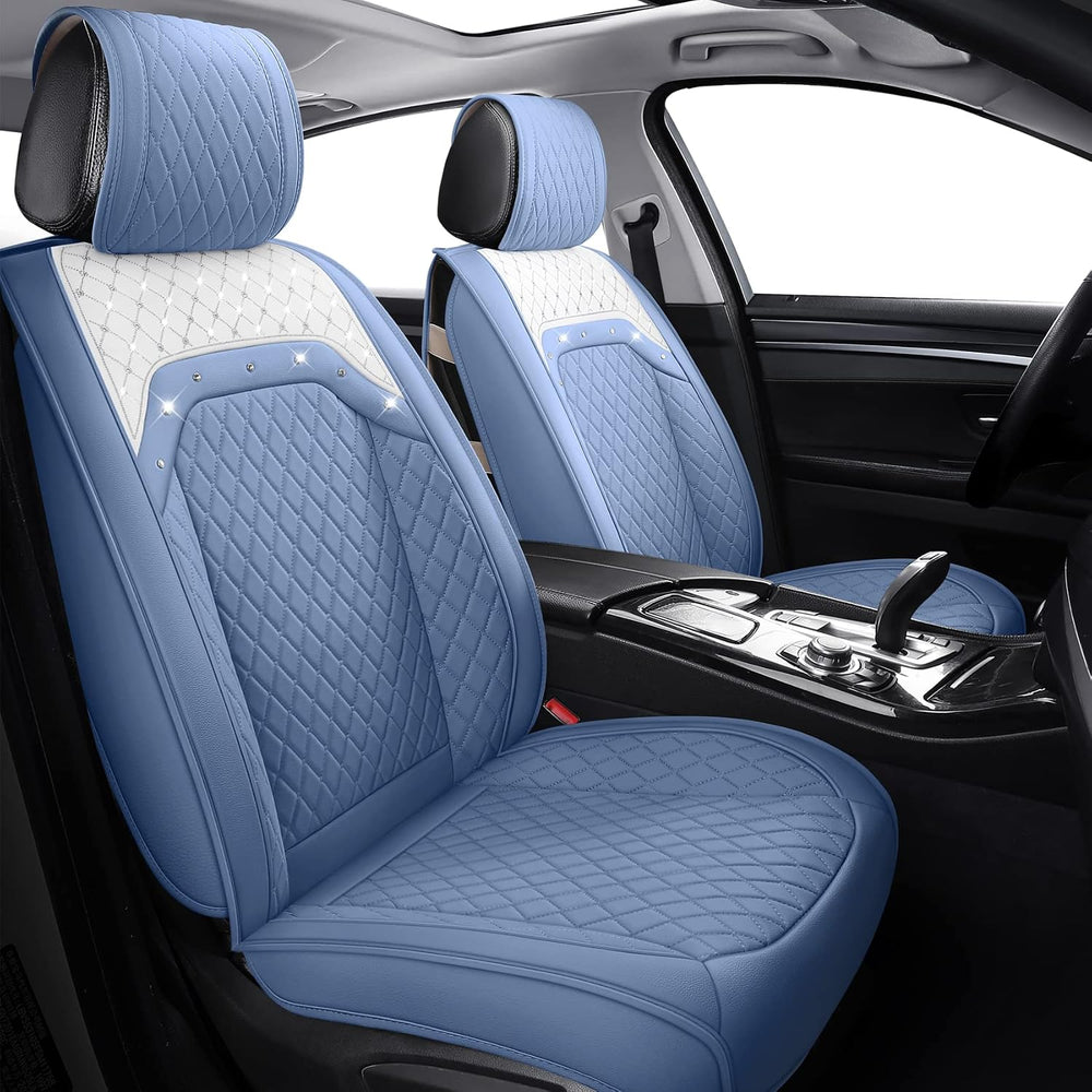 Front Seat Covers for Women Waterproof Leather with Bling Diamond, Blue