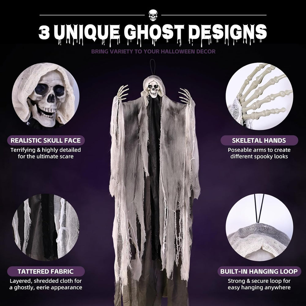 3PCS Hanging Halloween Skeleton Ghosts Decorations for Outdoor Indoor