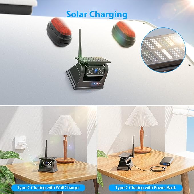 3 Magnetic Solar Wireless Backup Camera HD1080P Loop Recording 10.1 Inch