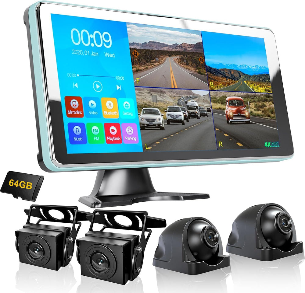 4CH Dash Cam Backup Camera with 10.36" Quad Split Touchscreen for RV