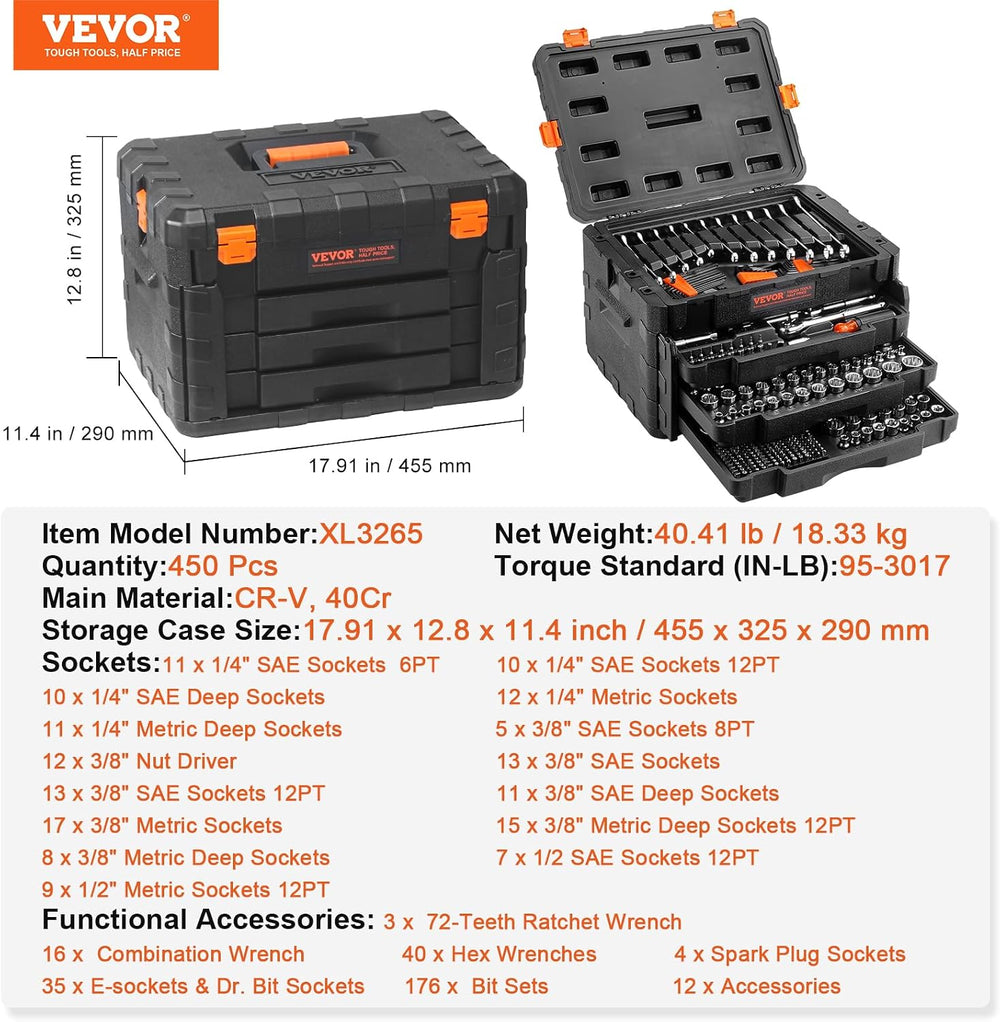 VEVOR Mechanics Tool Set and Socket Set, 1/4" 3/8" 1/2" Drive ...