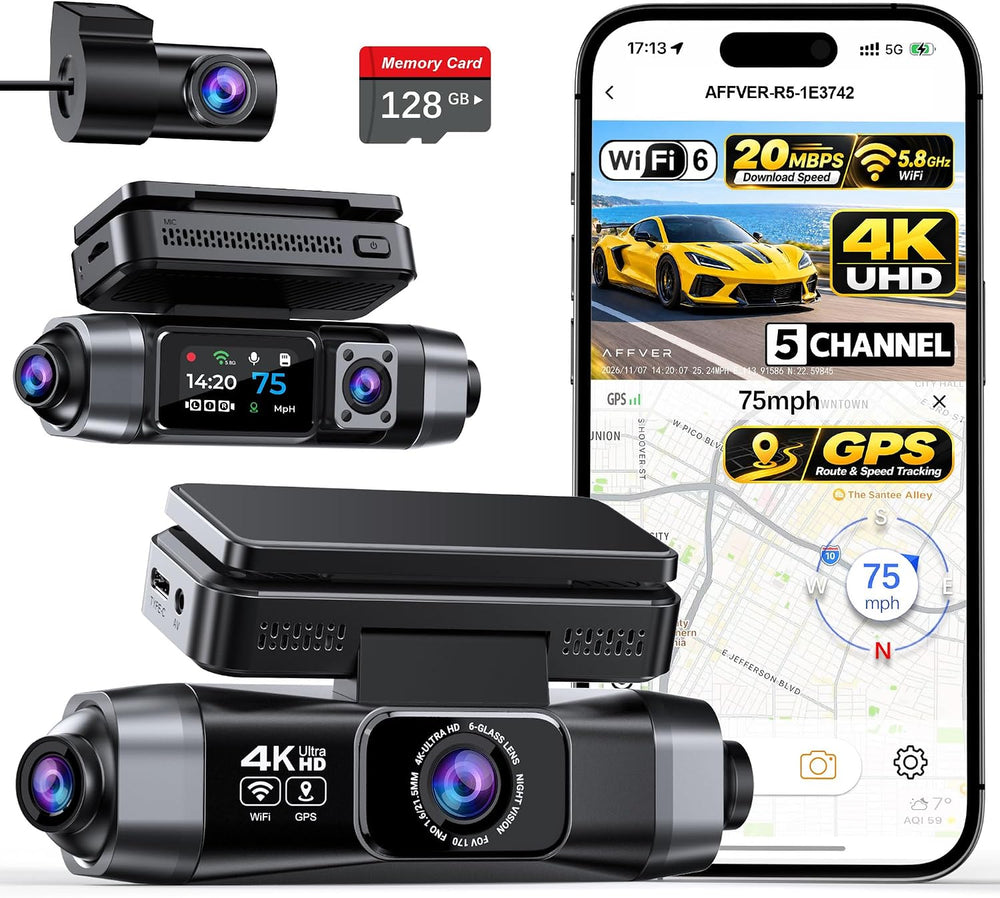 Affver 5 Channel 4K Dash Cam Front Rear Inside Left Right with GPS WiFi 6