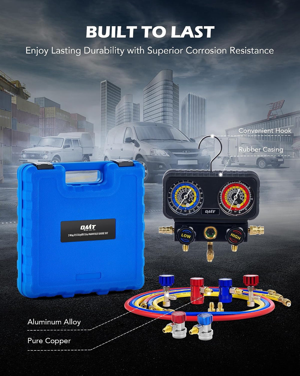 OMT 3-Way AC Manifold Gauge Set for R1234yf R134a R404a with 5ft Hoses