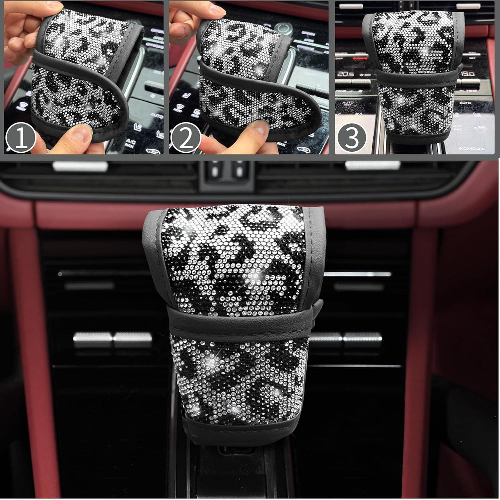 11 pcs Bling Snow Leopard Car Accessories Set for Women, Cheetah Print Steeri...