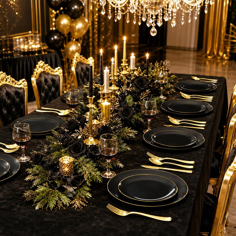 YOUBET 125PCS Black Plastic Plates with Gold Rim for Halloween