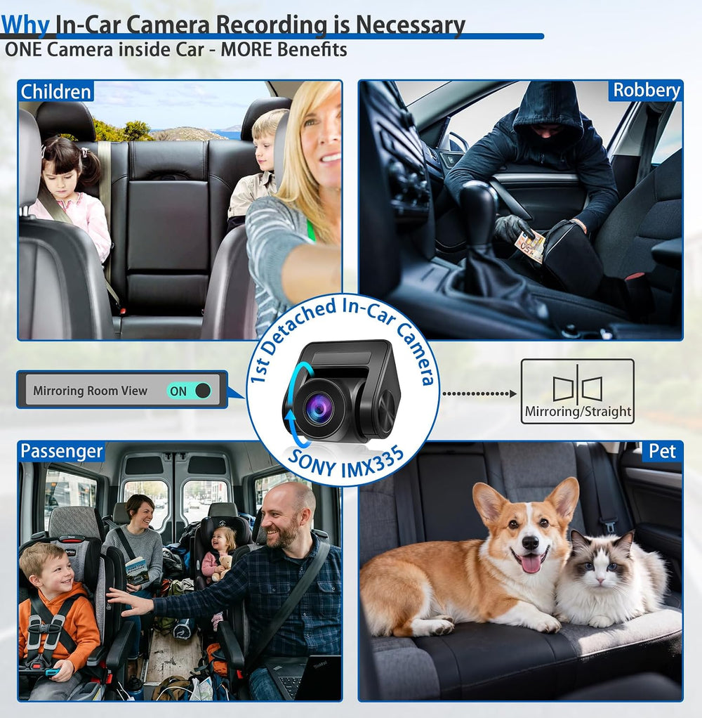 12" Rear View Mirror Dash Cam 3 Channel - Car Rearview Camera Dashcam