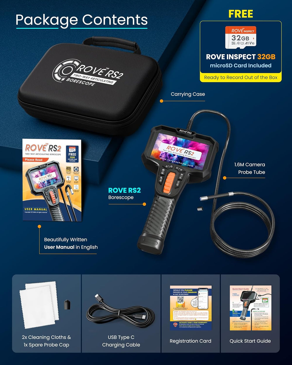 ROVE RS2 Articulating Borescope Camera with Light, 2-Way 210ยฐ, 32GB Card