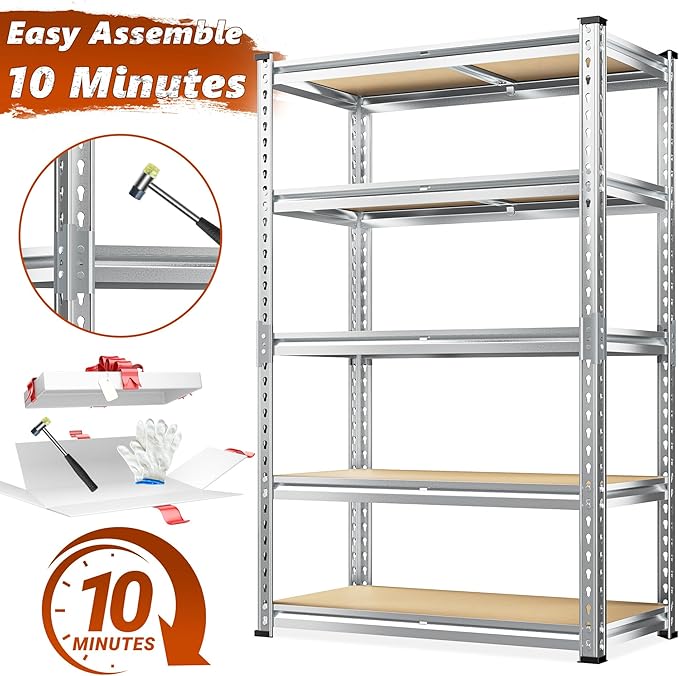 REIBII Garage Shelving, 5 Tier Storage Shelves Load 2020LBS, Adjustable Garag...
