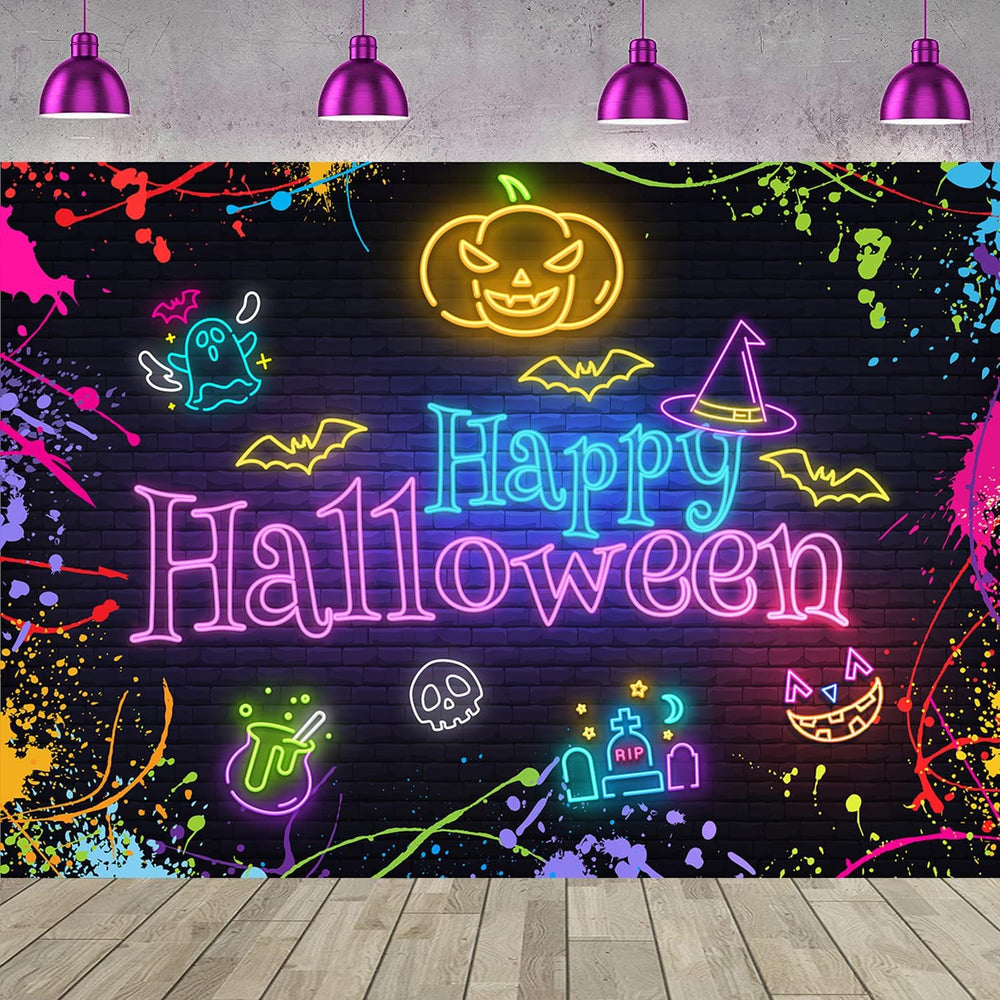 Happy Halloween Backdrop Neon Halloween Colorful Splatter Graffiti Decor