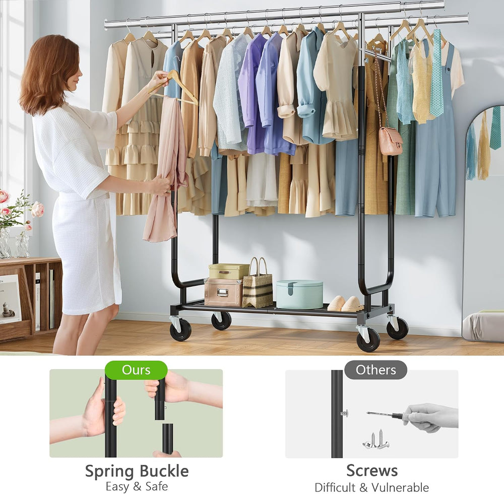 Heavy Duty Rolling Clothes Rack, 620 LBS Load Double Rod Adjustable Garment R...