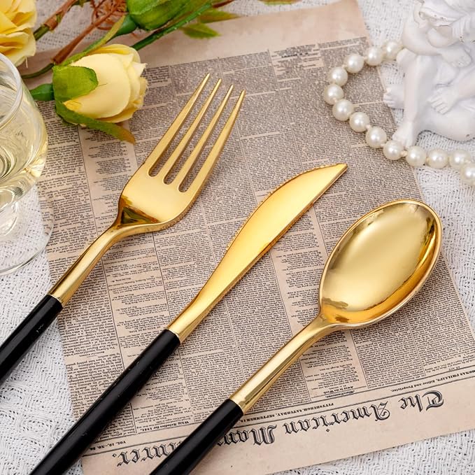 SUT Gold Plastic Silverware (160Pcs) Forks and Spoons Disposable, 80 Gold Pla...