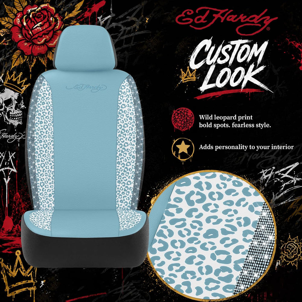 ED HARDY Car Seat Covers, Blue Leopard Print with Blue Rhinestone Trim, Styli...