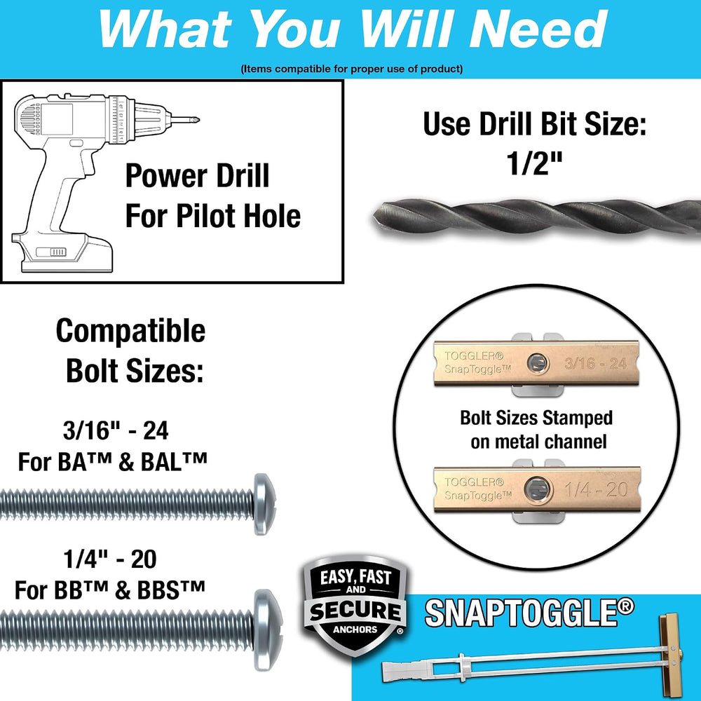 TOGGLER SNAPTOGGLE Drywall Anchors with 1/4-20 x 2.5 in Bolts, 100 Pack