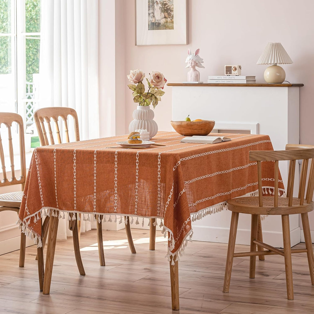 Burnt Orange Linen Rectangle Table Cloth with Tassel Farmhouse Burlap Tablecl...