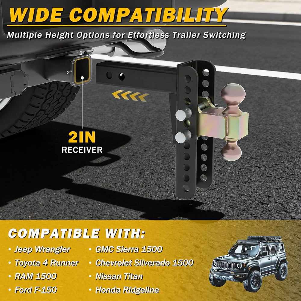 Adjustable Drawbar Trailer Hitch Fit for 2-Inch Receiver with 8" Drop/Ri...