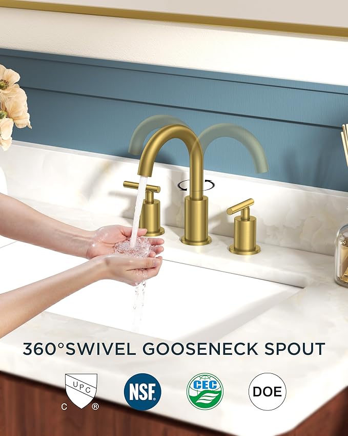 FORIOUS 8 Inch Widespread Brushed Gold Bathroom Faucet 3 Hole, 2 Handle Gold
