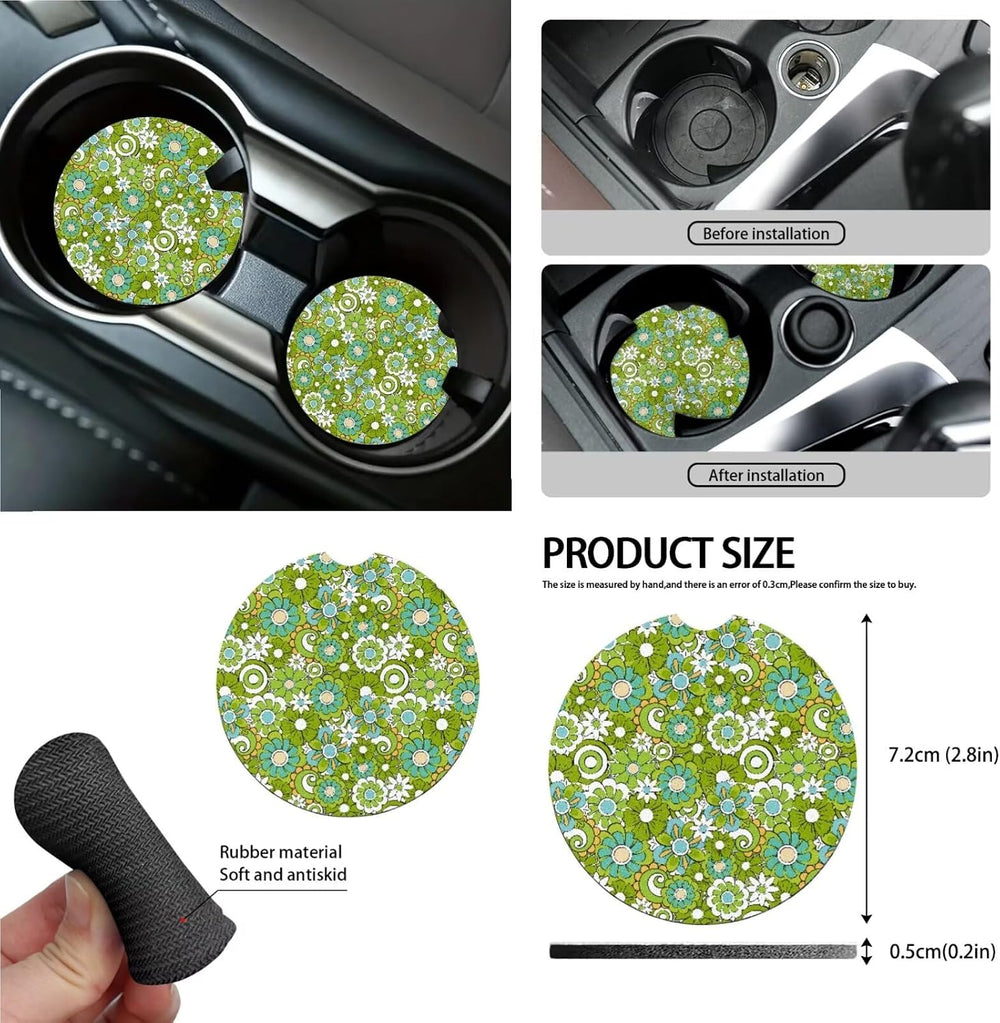 Hippie Flowers Green Print 15Pcs Car Seat Cover Full Set Car Steering Wheel C...