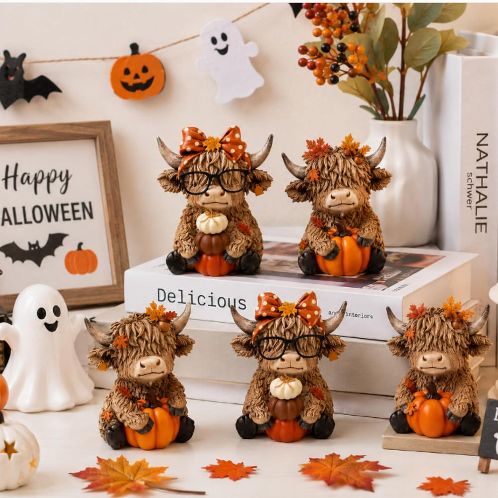 RattanView 96 Pcs Fall Halloween Mini Resin Highland Cow Figurines