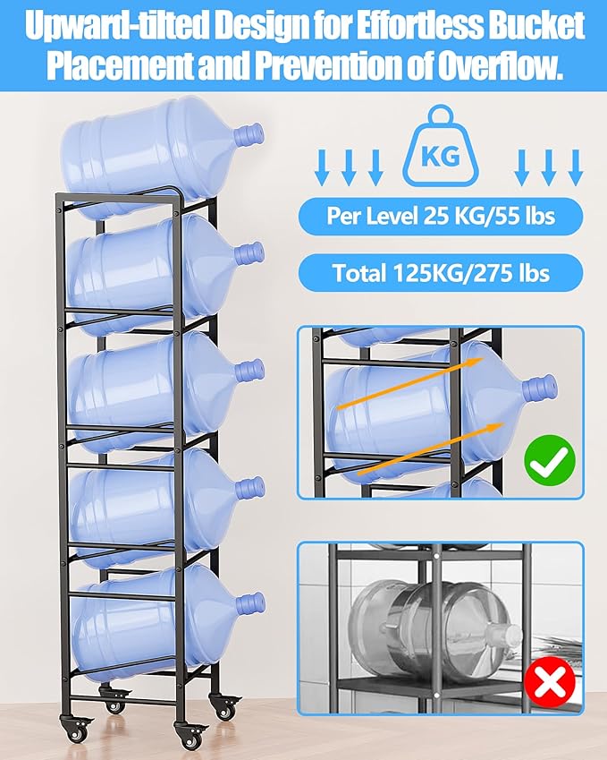 5 Gallon Water Jug Holder, Movable 5 Tier Heavy Duty Water Rack