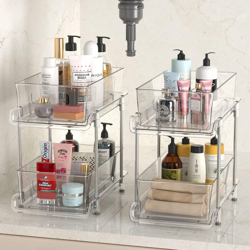 2-Tier Bathroom Organizer with Dividers, Clear Under Sink and Pull-Out Cabine...