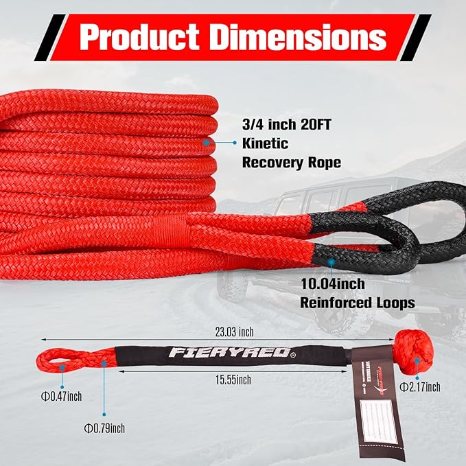 FieryRed 3/4” x 20FT Kinetic Recovery Rope Kit