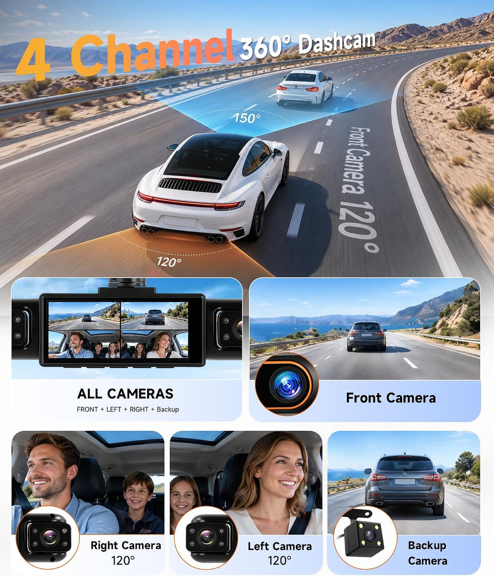 4 Channel 360ยฐ Dash Cam, FHD 1080P Dash Camera Front Rear Left Right Inside