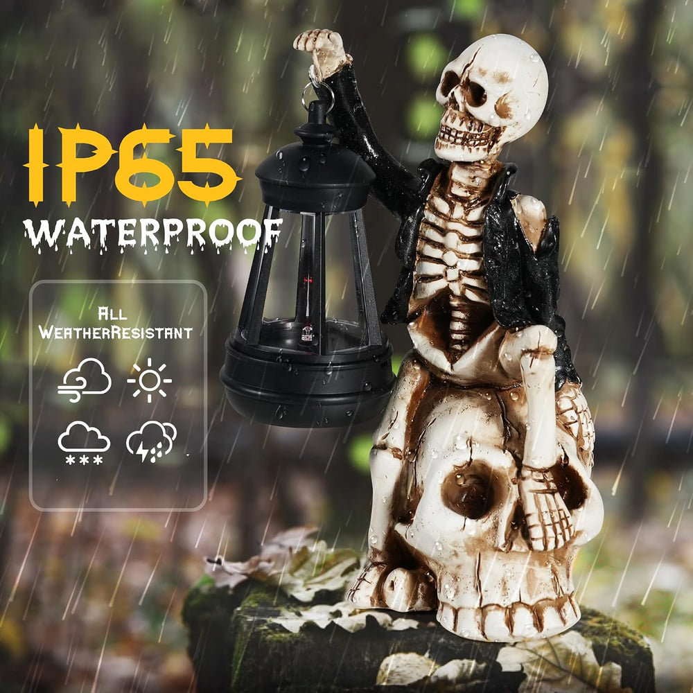 Solar Halloween Decorations Outdoor, Skeleton Figurine on Skull Statue