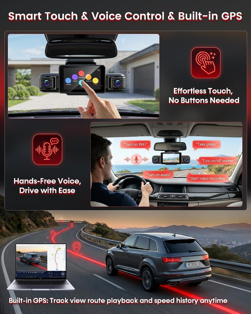 HUPEJOS AI 4K Dash Cam Front and Rear, 360ยฐ View 4 Channel Camera for Car