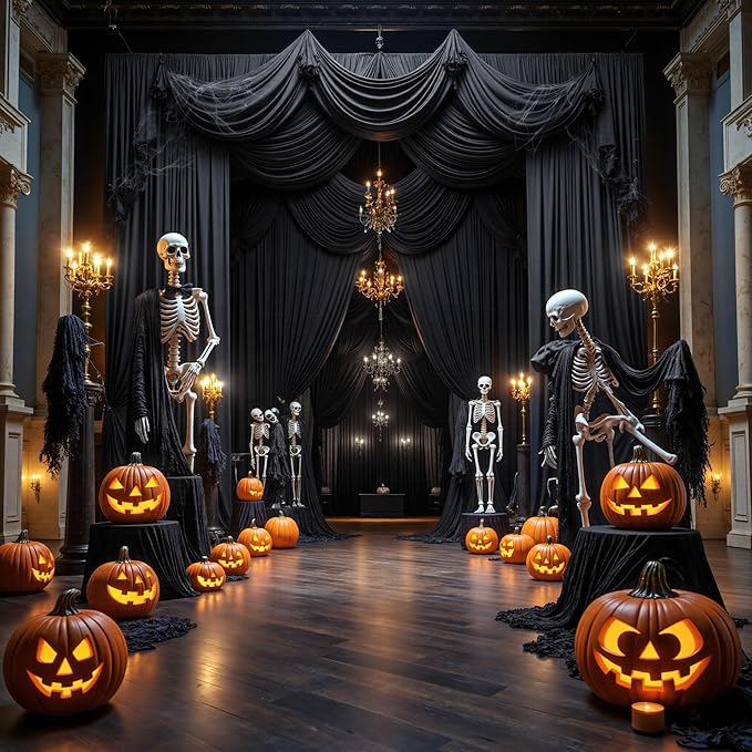 PartyVillage 60ftร15ft Black Backdrop Curtain for Halloween Parties, 12 Panel...