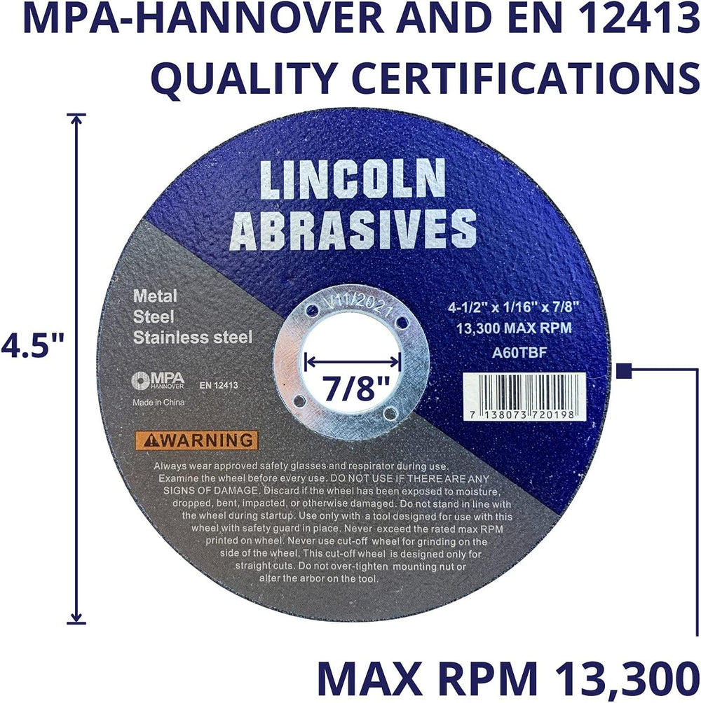 50 Pc 4.5" x 1/16" x 7/8" Cut-Off Wheels Lincoln Abrasives Met...