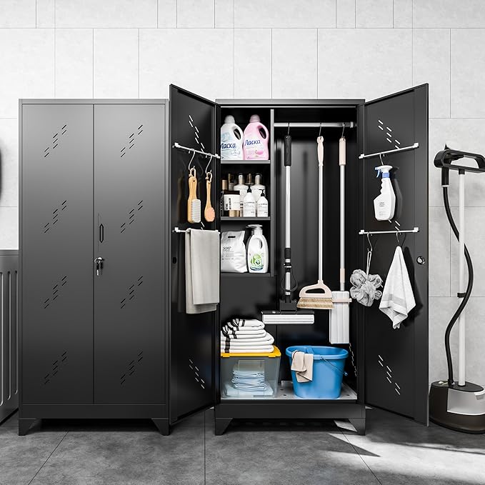 Metal Garage Storage Cabinet, 75” Cleaning Tool Cabinet