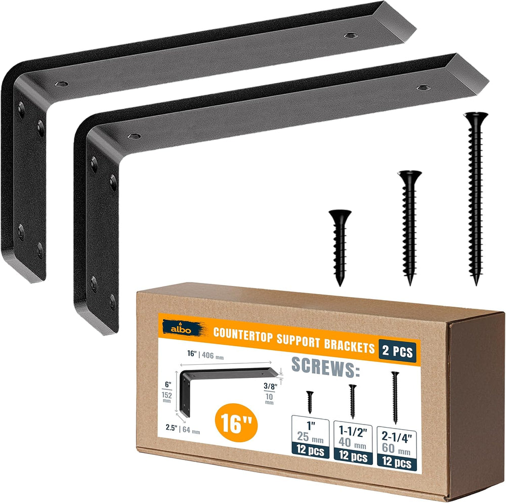 ALBO 16 Inch Countertop Brackets, 2 Pack Heavy Duty Steel L Brackets, Black