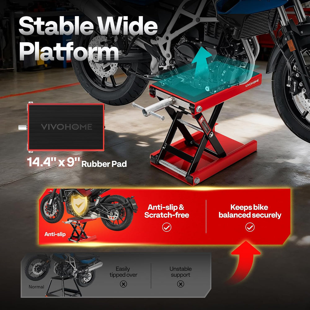 VIVOHOME 1100 LBS Motorcycle Lift Scissor Jack, Wide Deck Hoist Stand, Red