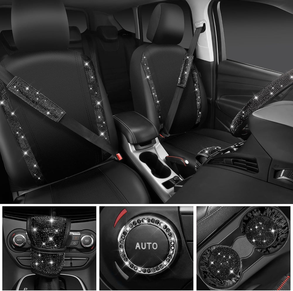CAR PASS Leather Bling Seat Covers Full Sets 16 pcs, Bling Diamond Car Access...