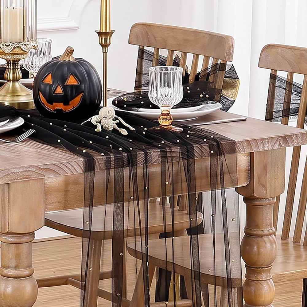 Pearl Gauze Tulle Table Runner Black Halloween 120 Inch 10FT Sheer Dining