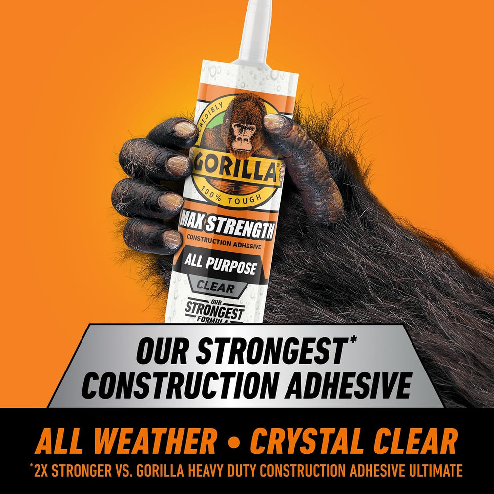 Gorilla Max Strength Construction Adhesive, Clear Glue, 9 Ounce Cartridge (Pa...