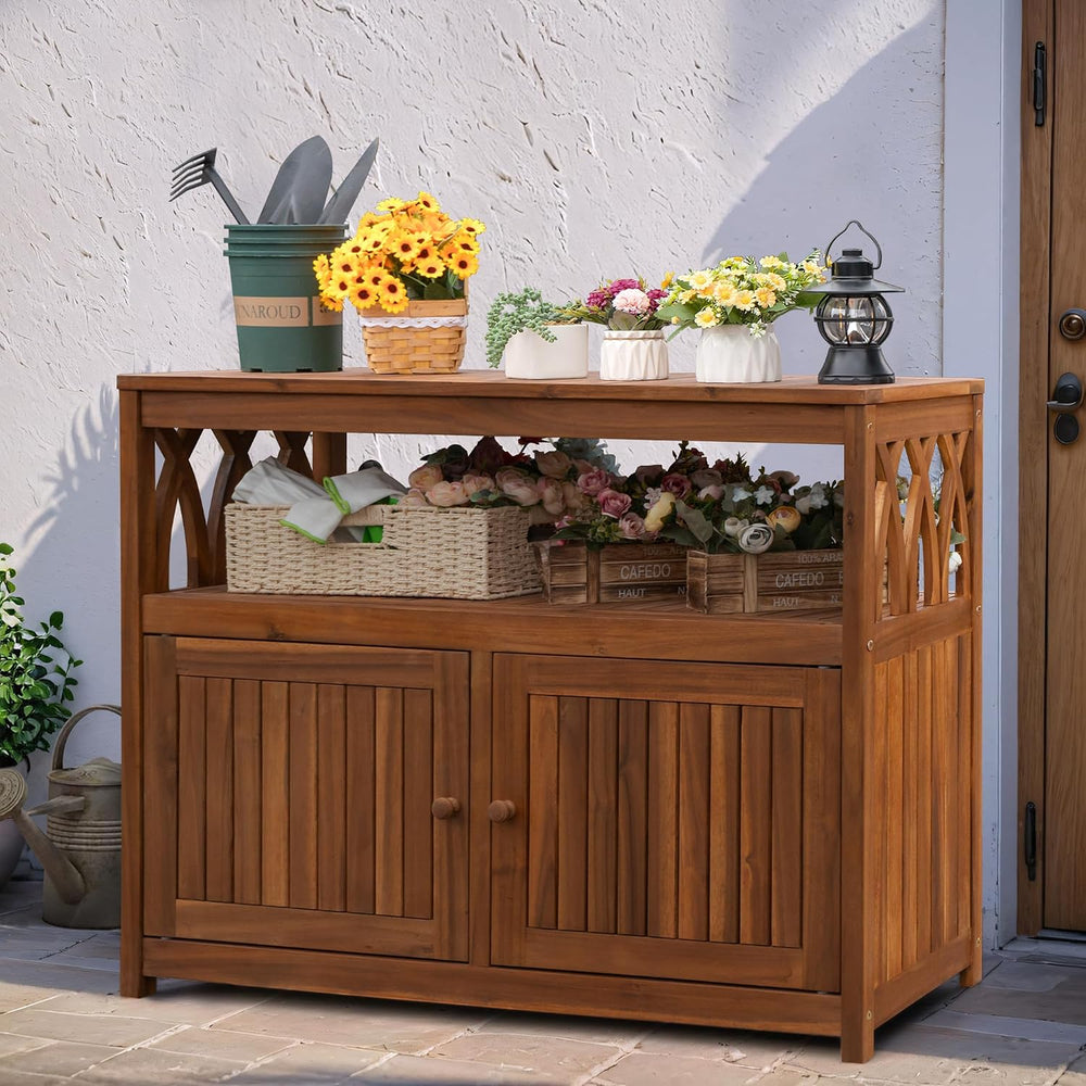 Greesum 2โTier Acacia Wood Outdoor Storage Cabinet with 2 Magnetic Doors