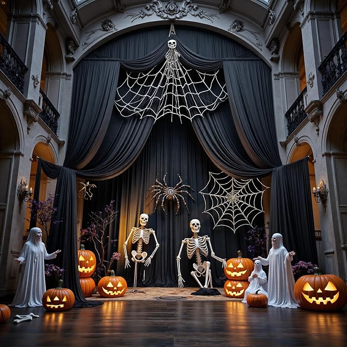 PartyVillage 50ftร15ft Black Backdrop Curtain for Halloween Parties, 10 Panel...