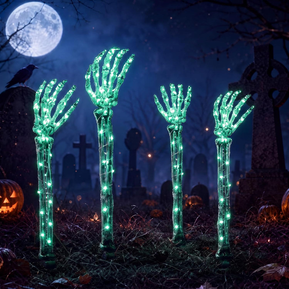 Halloween Skeleton Arm Stakes 4‑Pack, 160 Green LED Battery‑Powered Lights
