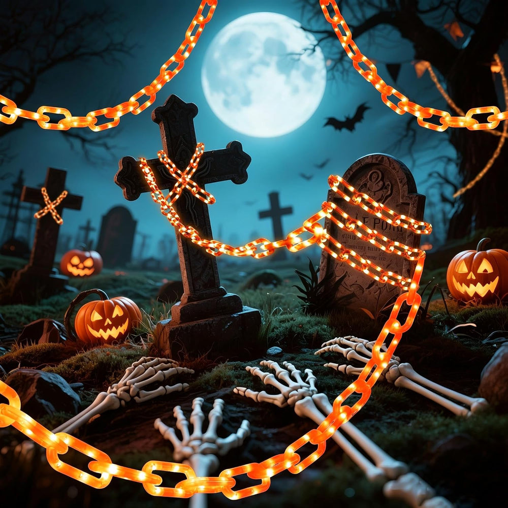 Solar Halloween Chain Lights, 10.4 FT 175 LED Orange Plastic Chain