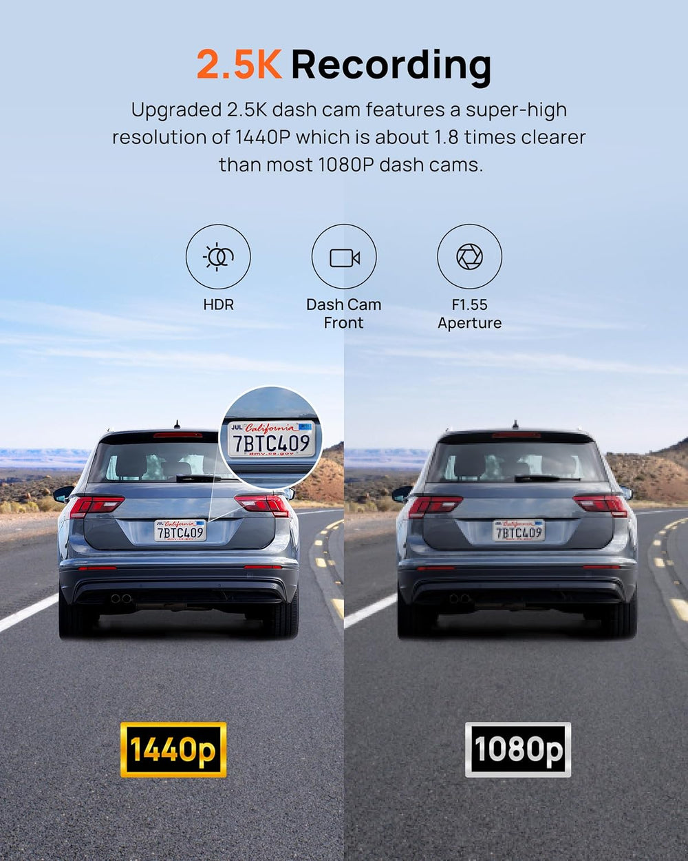 70mai 2.5K Dash Cam Front, F1.55, Night Vision, Wi-Fi GPS