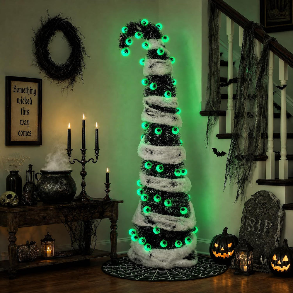 5FT Black Halloween Christmas Tree with 50 Eyeball Lights, Whimsical Pop Up T...