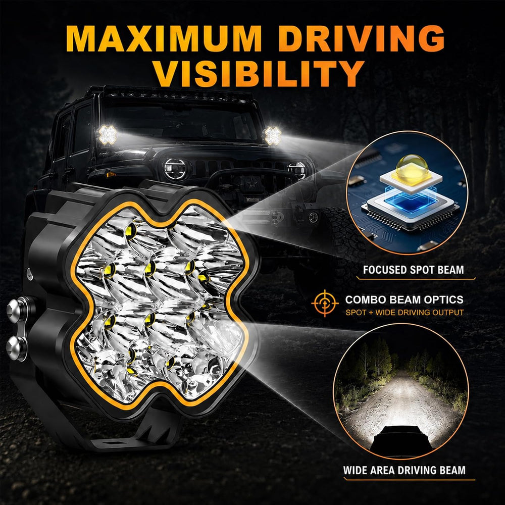 4 Inch LED Pod Lights, Spot Flood Combo Ditch Lights with Amber DRL