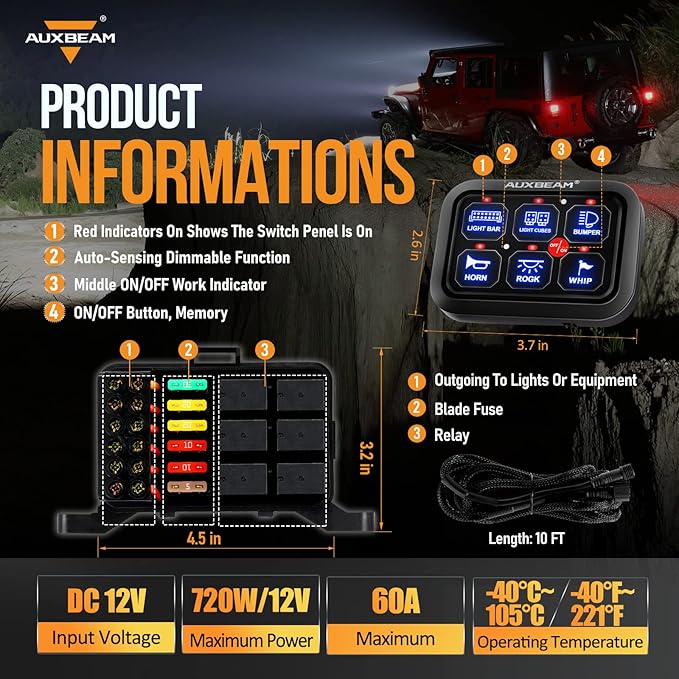 Auxbeam 6 Gang Switch Panel BC60 Universal Circuit Control Relay System