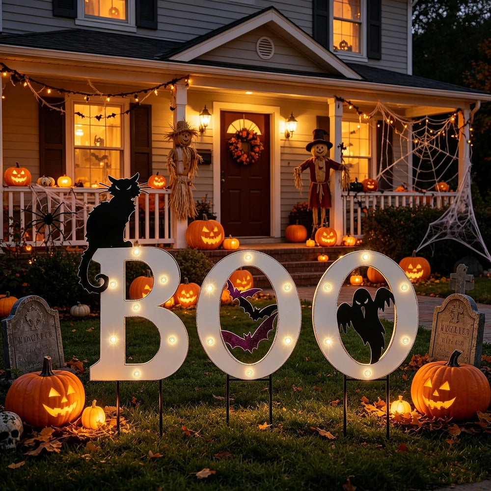 Prsildan 3 Pack Halloween Decorations Outdoor Solar Lighted Boo Yard Sign