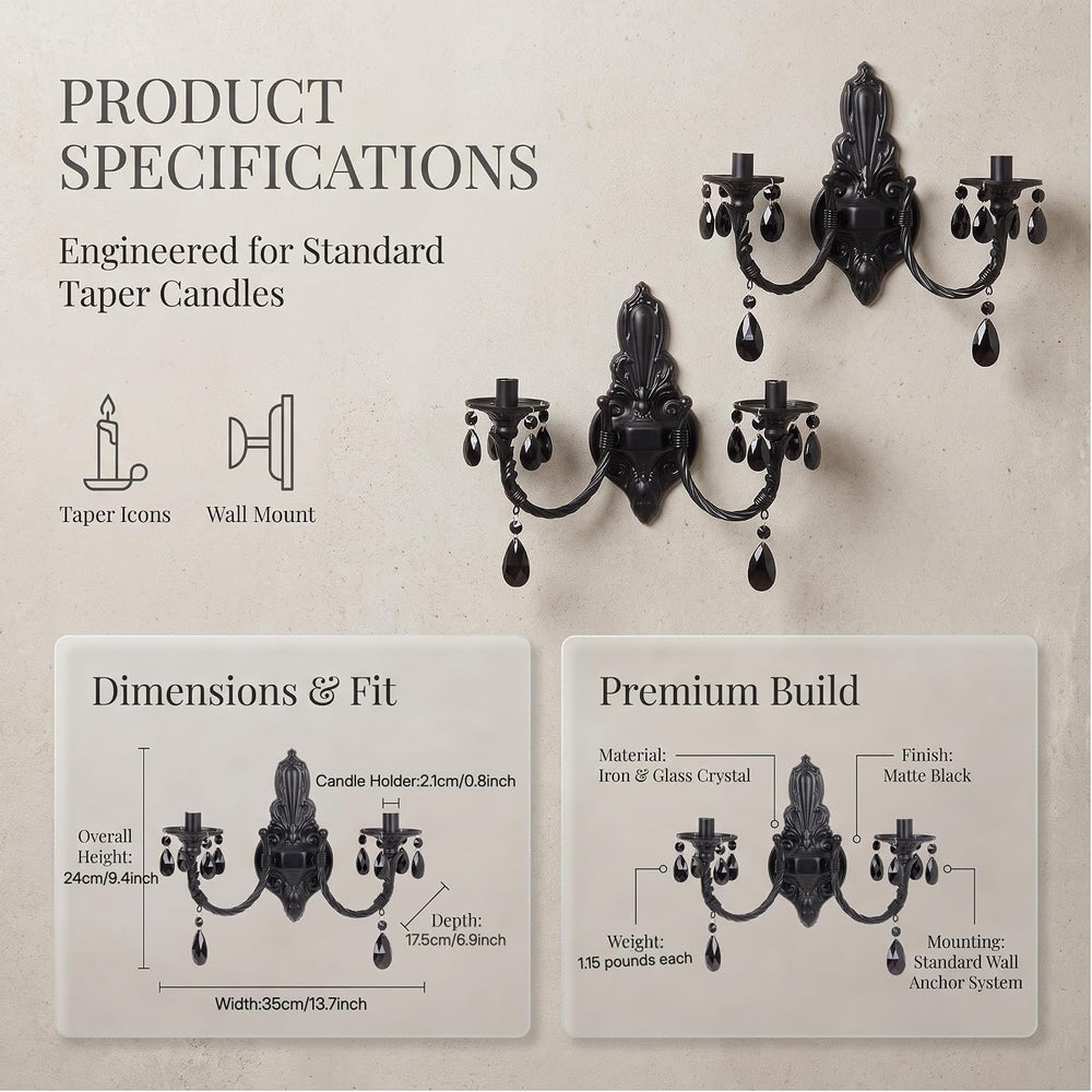 Black Iron Candle Sconces Gothic Wall Candle Holder Set of 2, Handcrafted Wro...