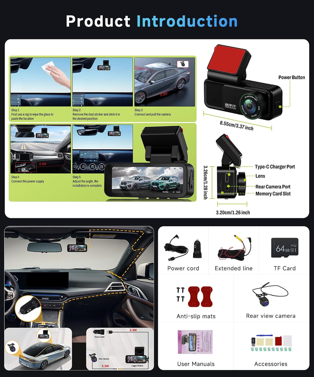 2 Channel Dash Cam 360° Front and Rear Inside, 4K Car Camera Recorder, 3.16 I...