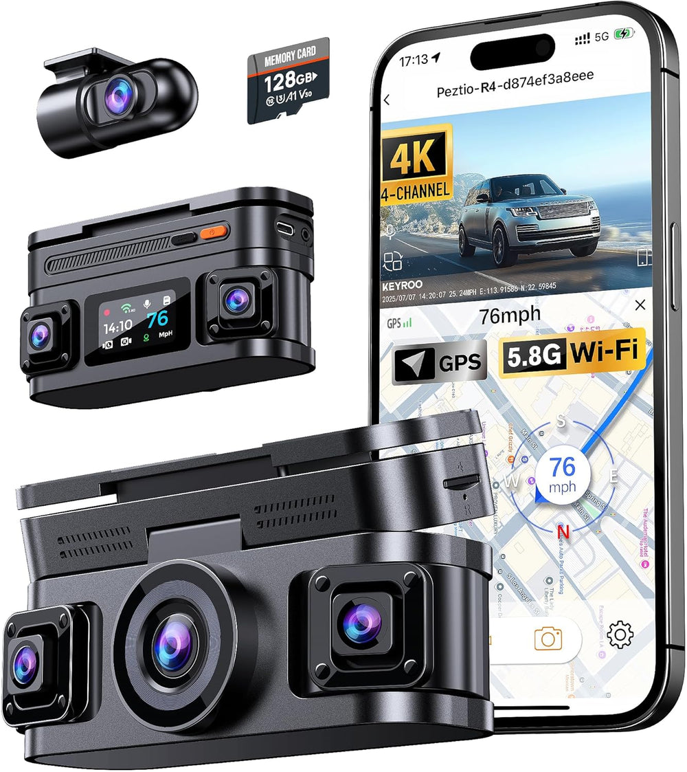 360° View 4K 4 Channel Dash Cam Front and Rear Inside Left Right, Built-in GP...